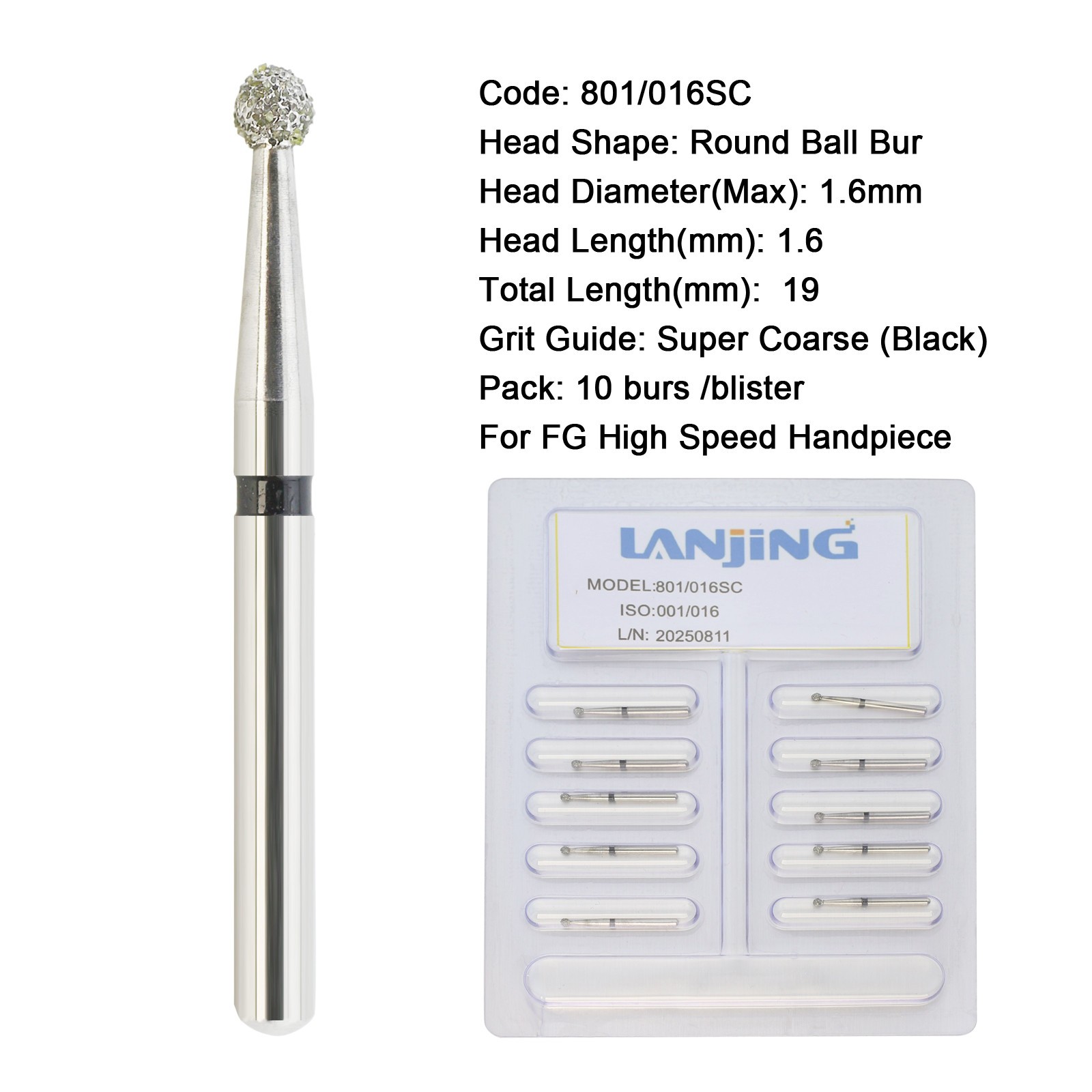 Dental Diamond Burs Round Ball Multi-Use FG Diamonds Bur Super Coarse 801/016SC