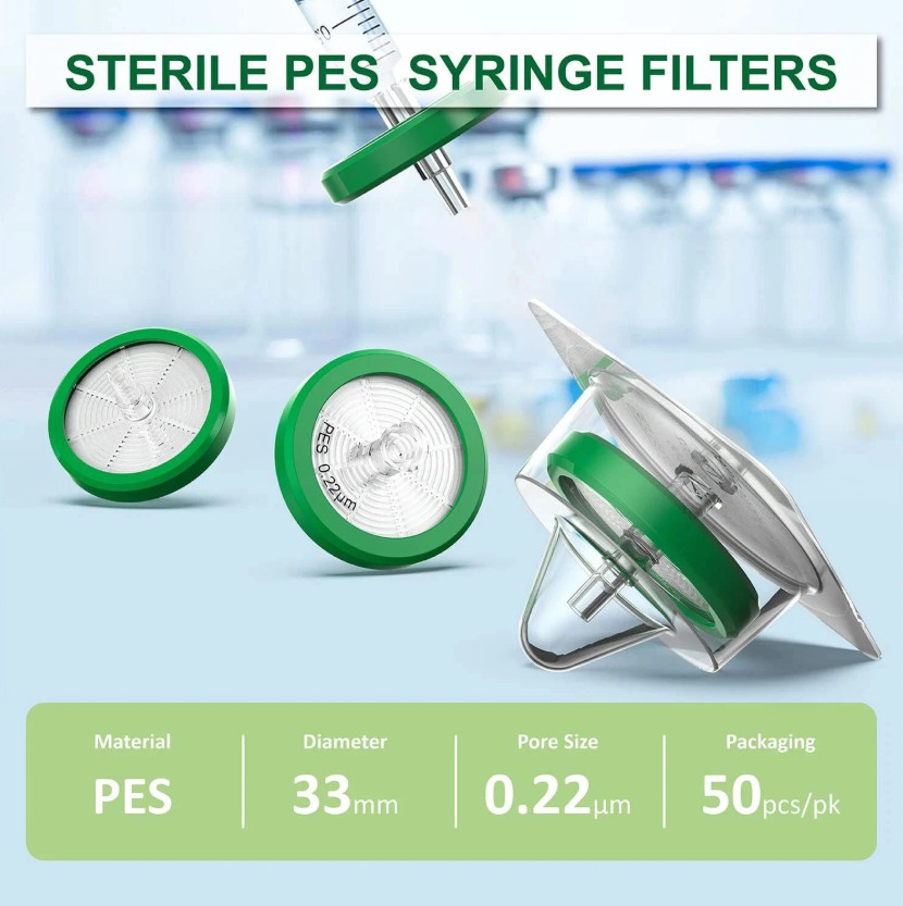 50 Pack Sterile Syringe Filter 33mm 0.22 Micron PES Membrane Hydrophilic Filter