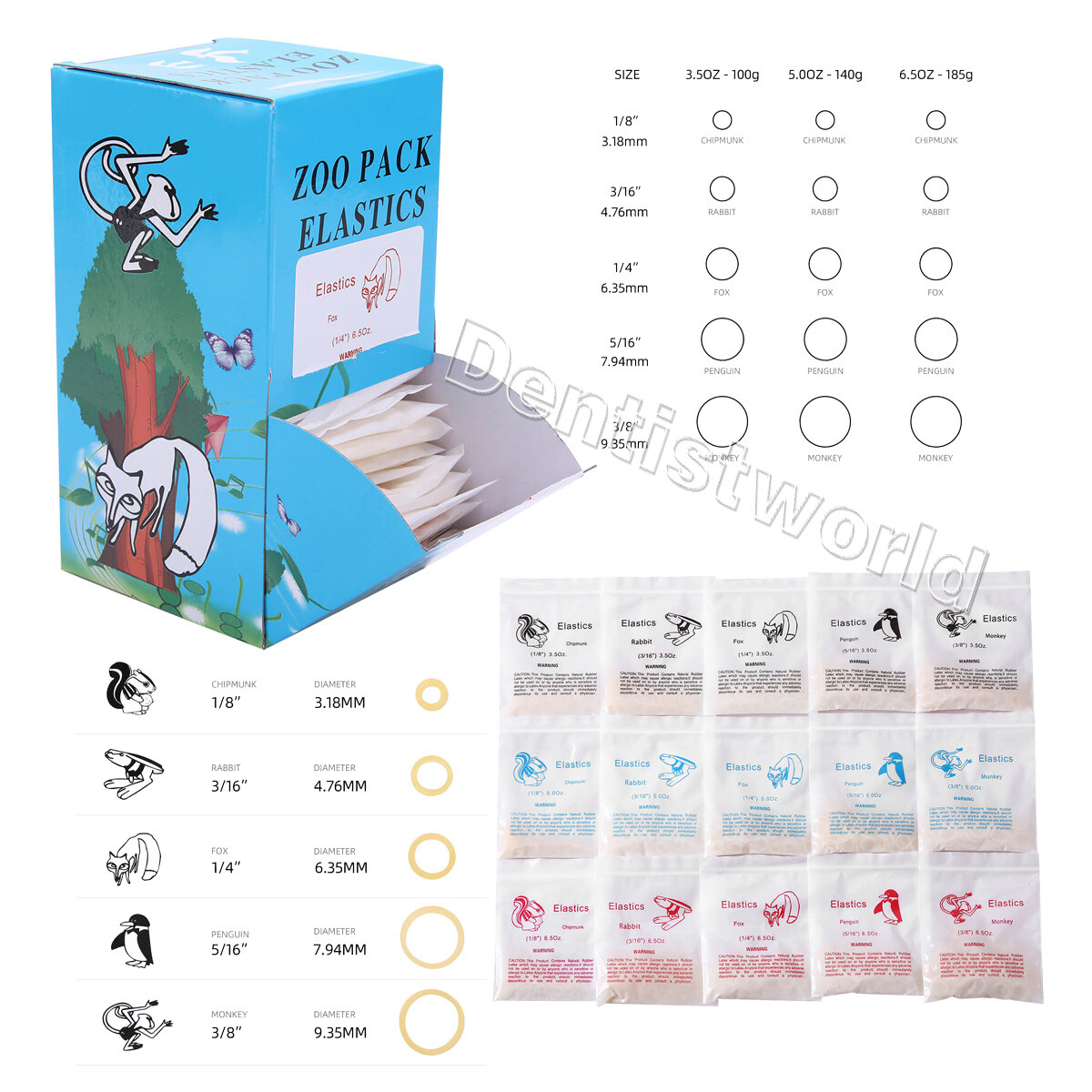 5000pcs AZDENT Dental Orthodontic Elastics Bands Force 3.5 OZ,5/16″ Zoo Pack