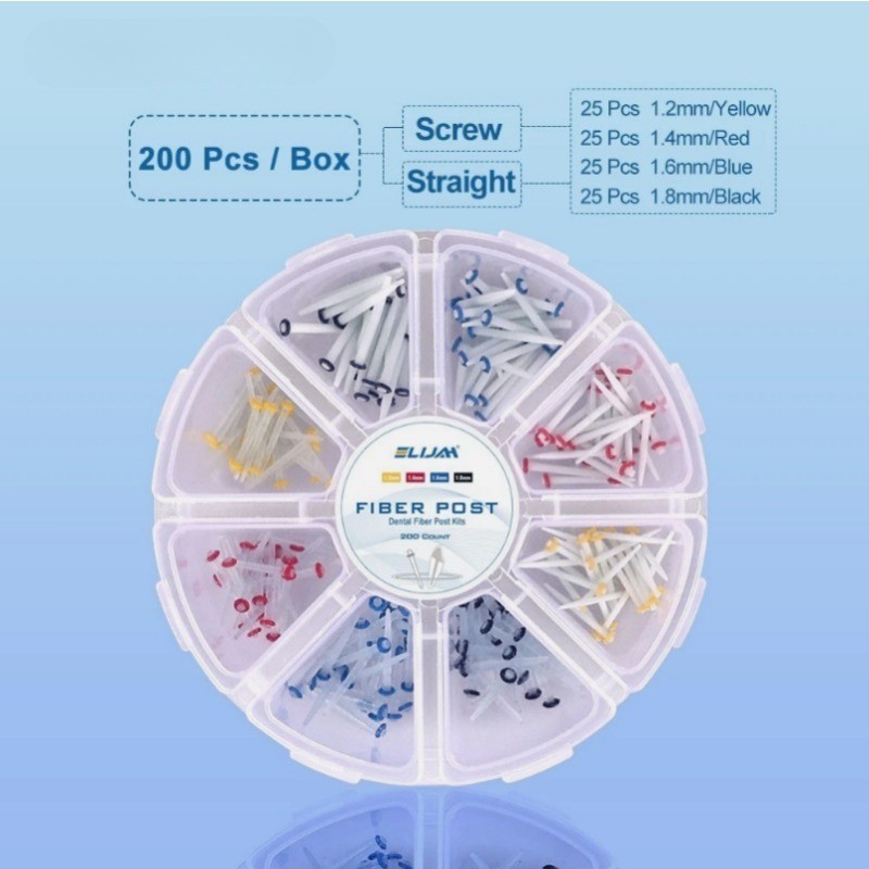 200pcs Dental Quartz Fiber Post Kit 8 Sizes Straight & Screw Threaded Posts Endo