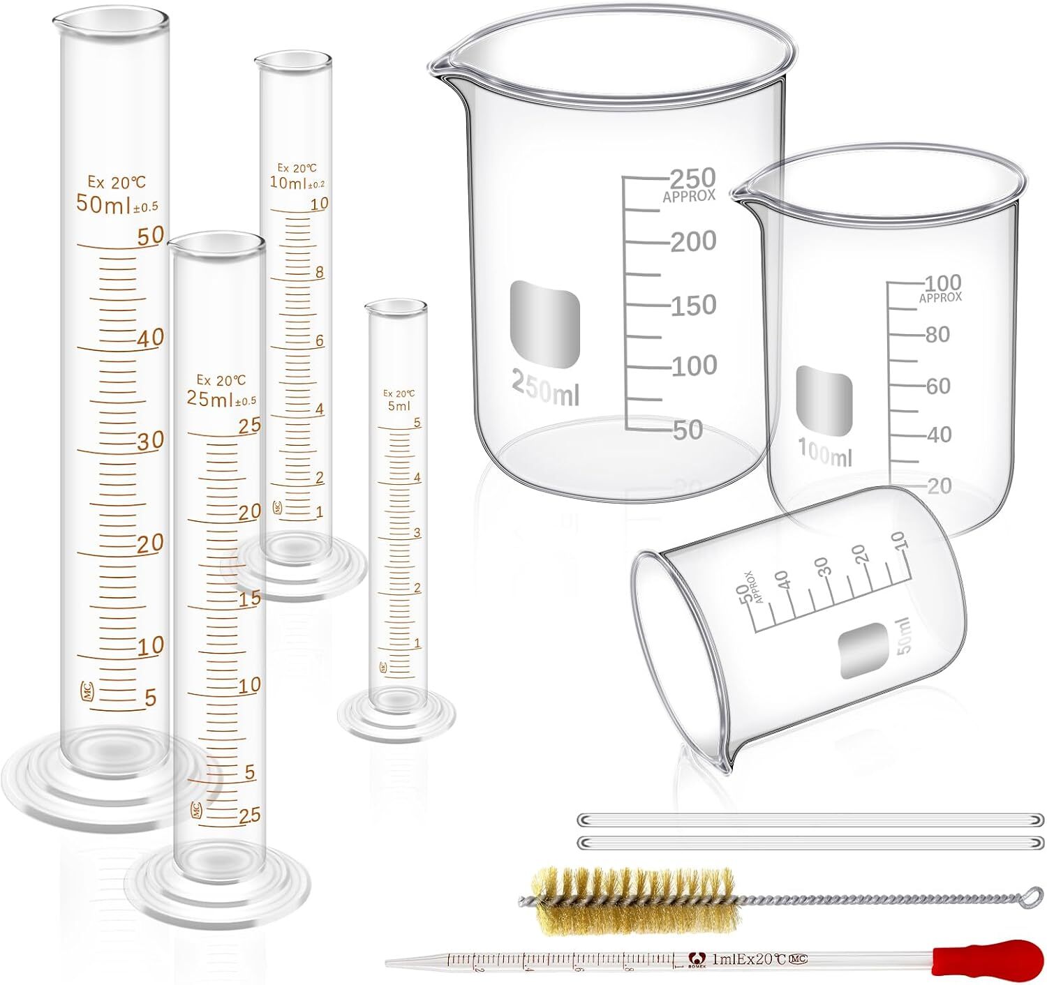 11Pcs Glass Beaker Set 50/100/250 ml Glass Graduated Cylinder 5/10/25/50 ml