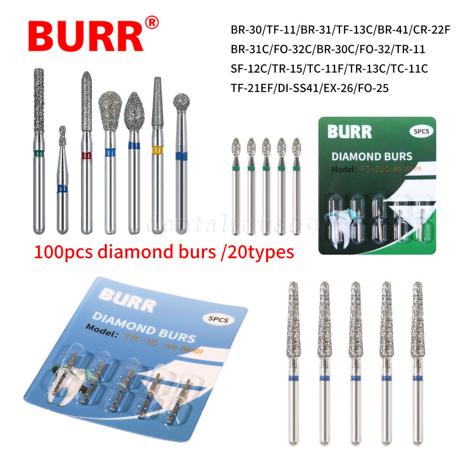 20 Boxes Dental Diamond Burs For High Speed Handpiece FG 1.6MM 20 Types 100pcs