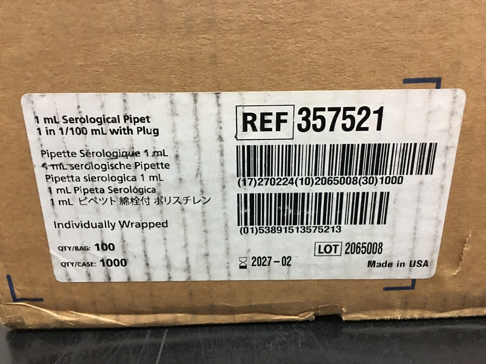 Corning Falcon REF 357521 Serological Pipette 1mL 1in With Plug Case