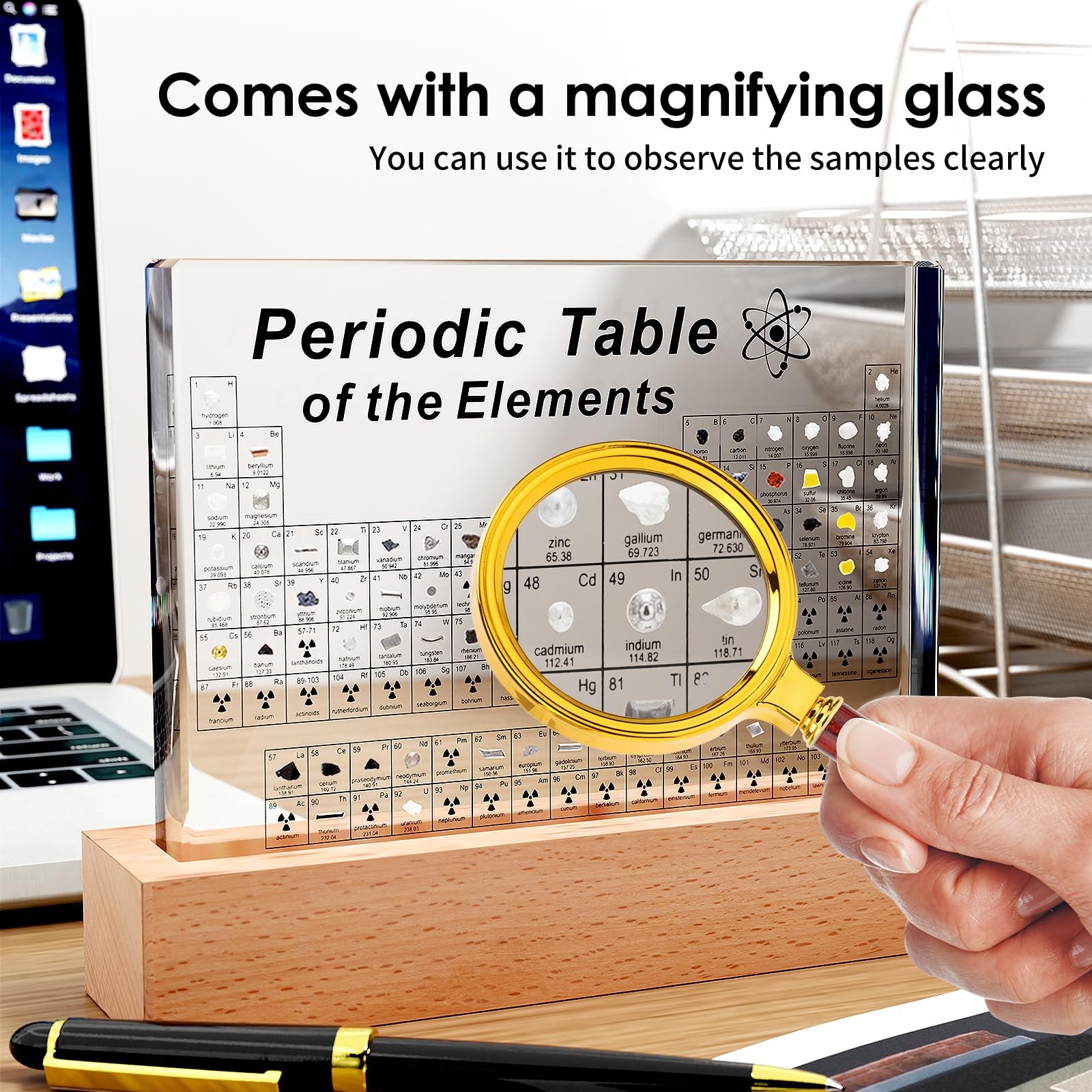 Periodic Table W/ 83 Real Elements Samples Wooden Stand Magnifying Glass 6 X 4″