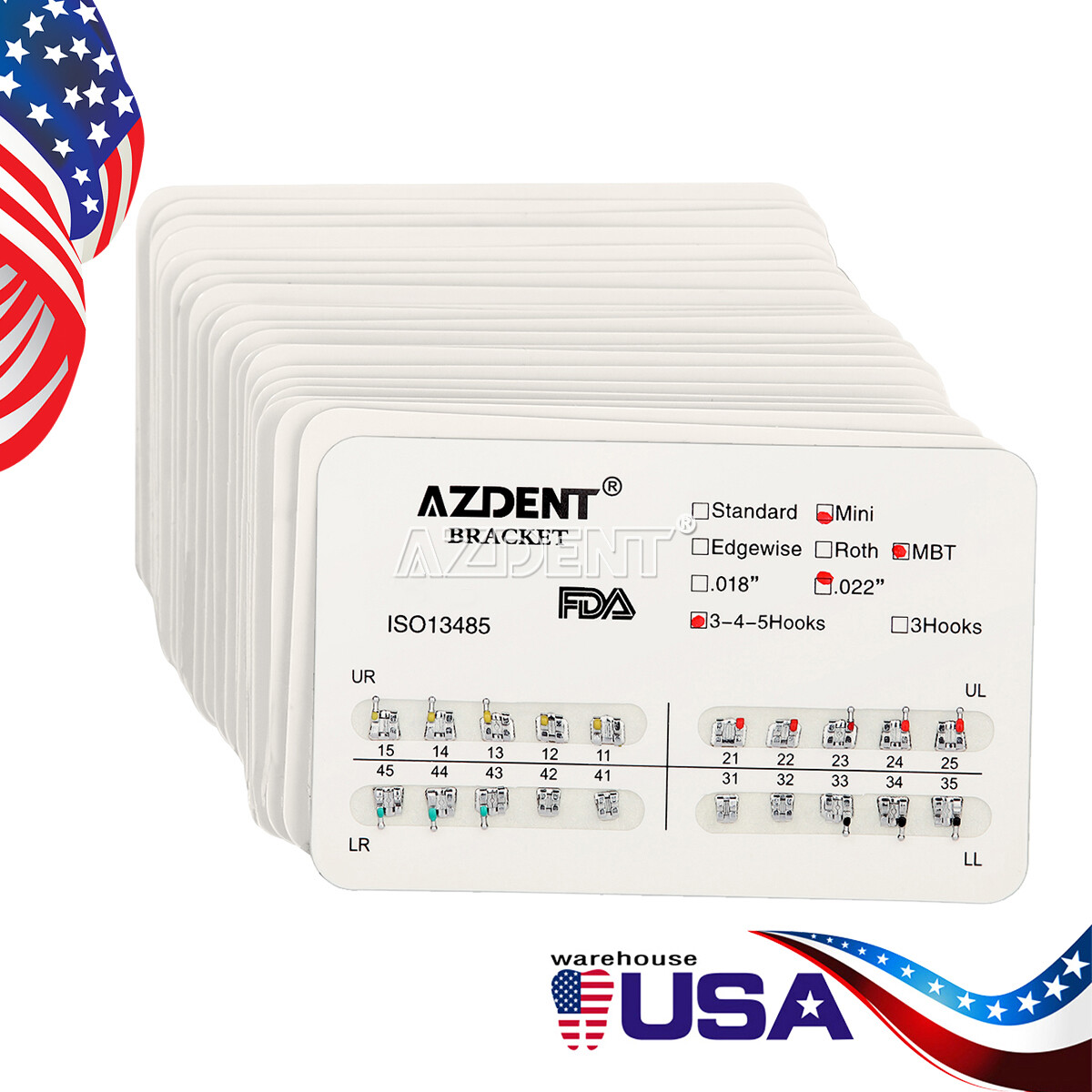 AZDENT Dental Orthodontic Bracket Braces Mini MBT 022 3-4-5 Hooks 20Pcs/Pack