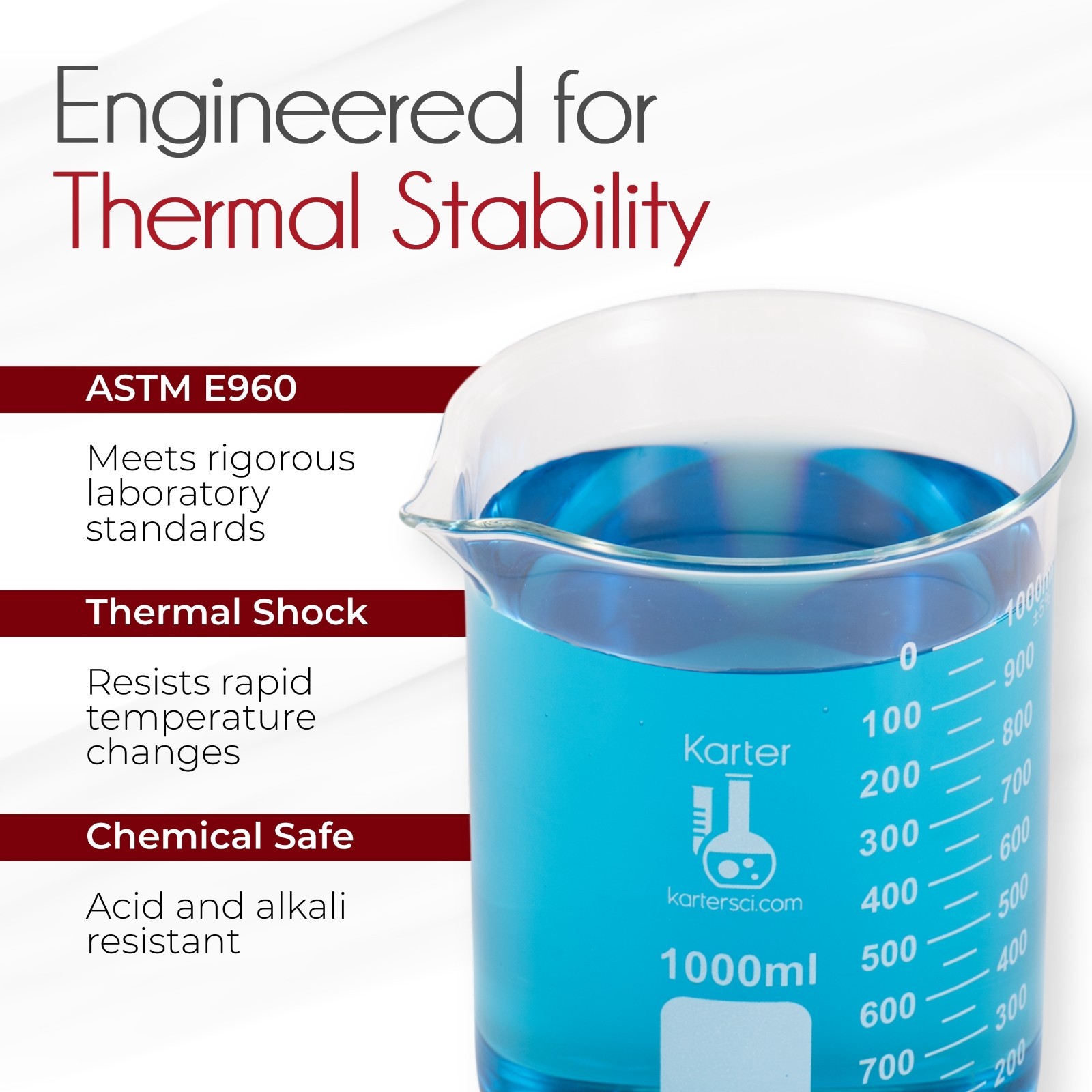 Karter Scientific Low Form Glass Beaker 5 Piece Set 50, 100, 250, 500, & 1000