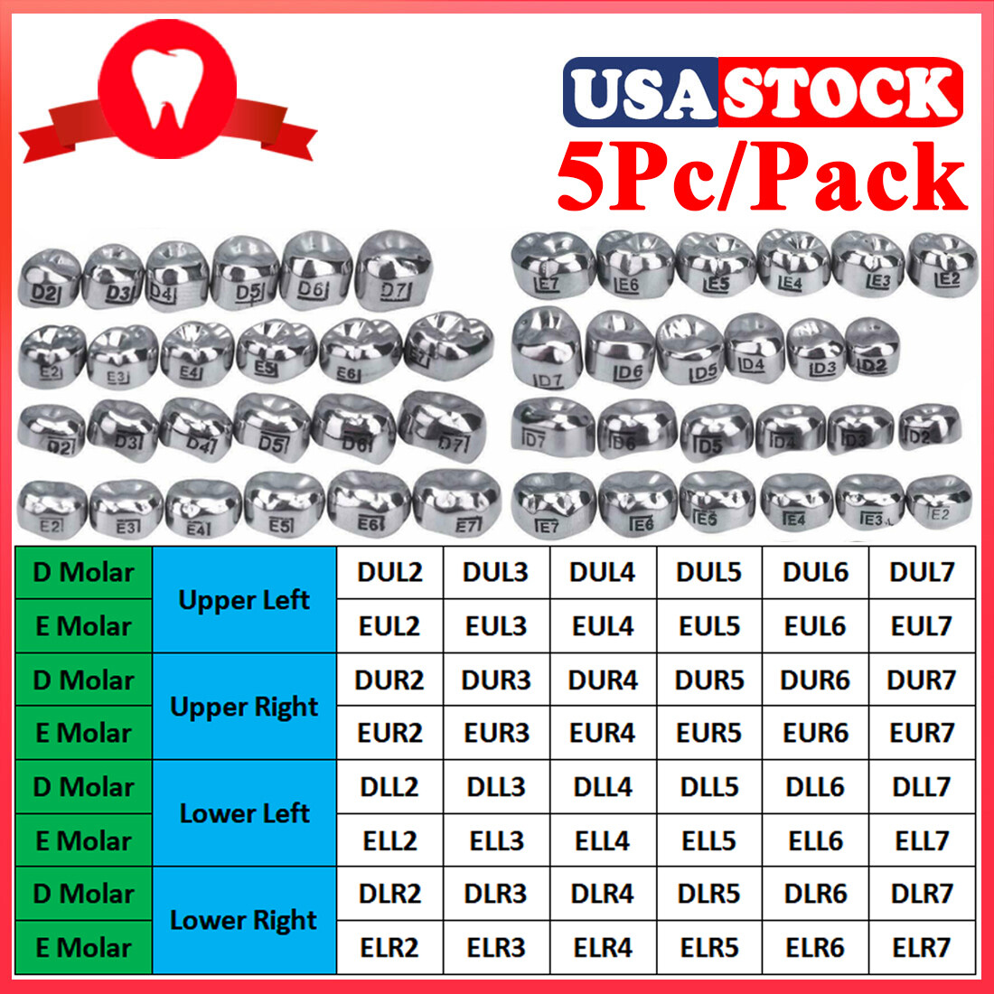 Dental Stainless Steel Primary Pediatric Pedo Molar Crowns Baby Teeth D/E Molar