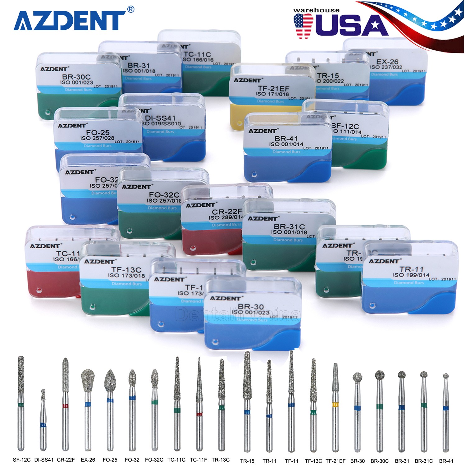 100pcs Dental Diamond Burs Medium Friction Grip 1.6MM for High Speed Handpiece