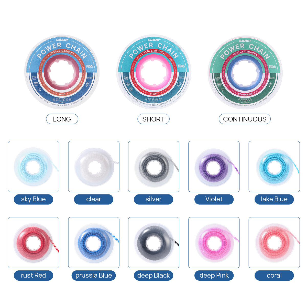Dental Ortho Elastic Power Chain Rubber Bands Long/Short/Continuous 10 Colors