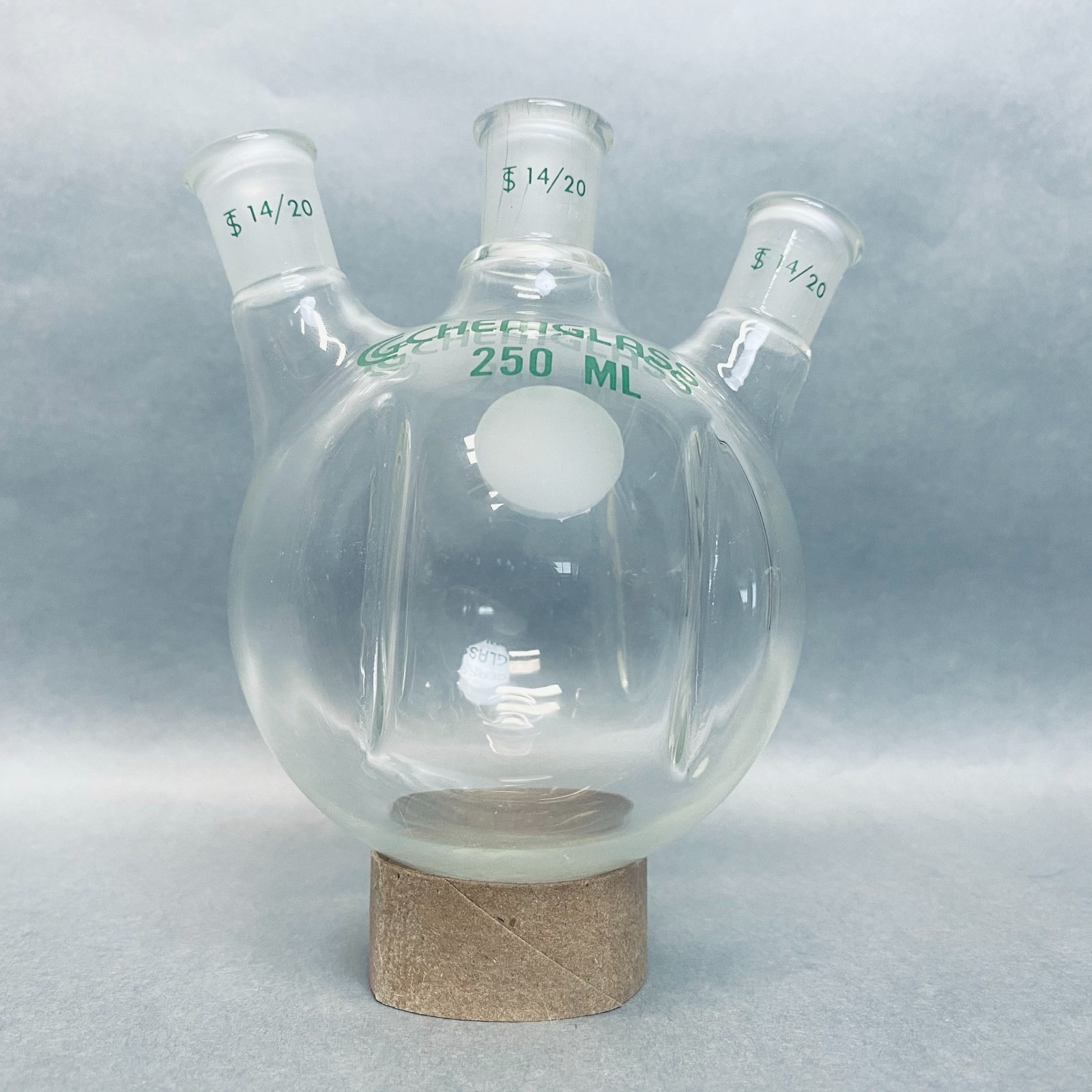 Chemglass Round Bottom 250 ml 3 Neck Flask 14/20 STJ Angled with Morton Indents