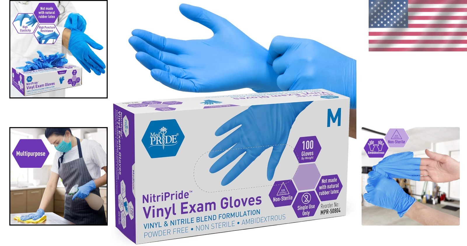 Ambidextrous Disposable Exam Gloves – 100 Count, Latex-Free, Medical & Food Safe