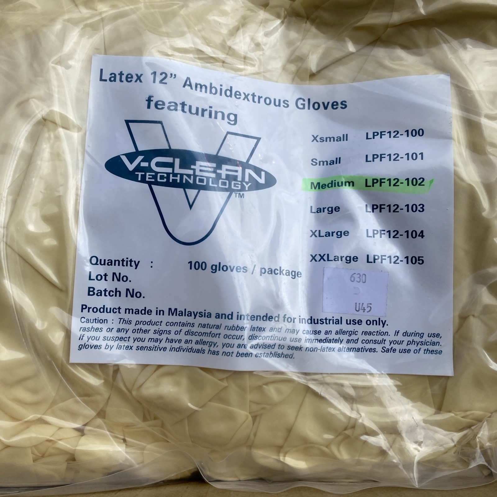 v-clean LPF12-102 latex 12″ ambidextrous gloves ( Lot Of 100 )