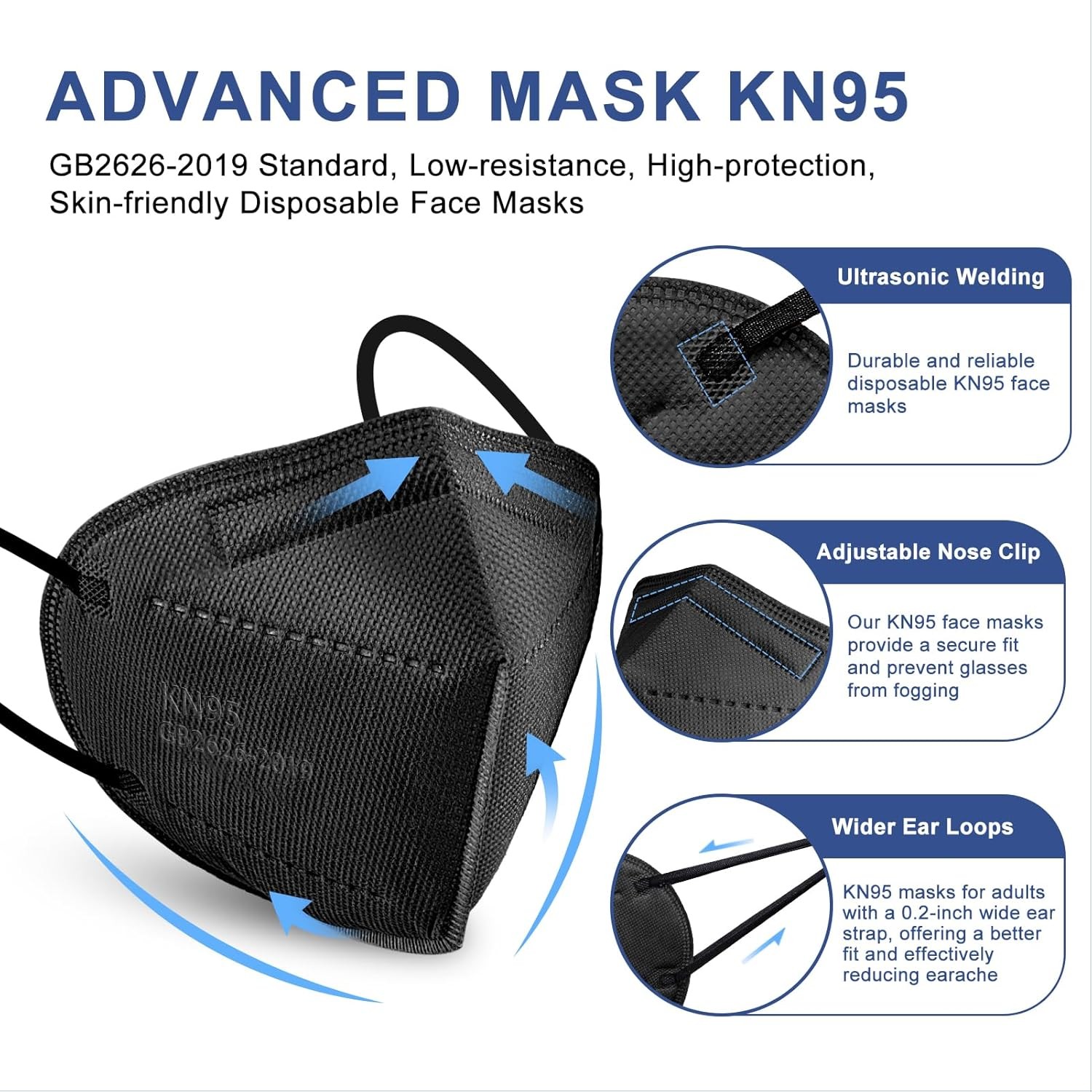 KN95 Face Masks Black Adults – 100 Pack KN95 Disposable Comfortable 5-Layer S…