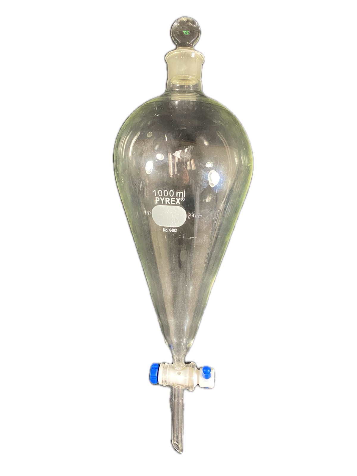 PYREX 1000mL Thick Wall Squibb Separatory Funnel Stopcock #27 Neck 6404-1L