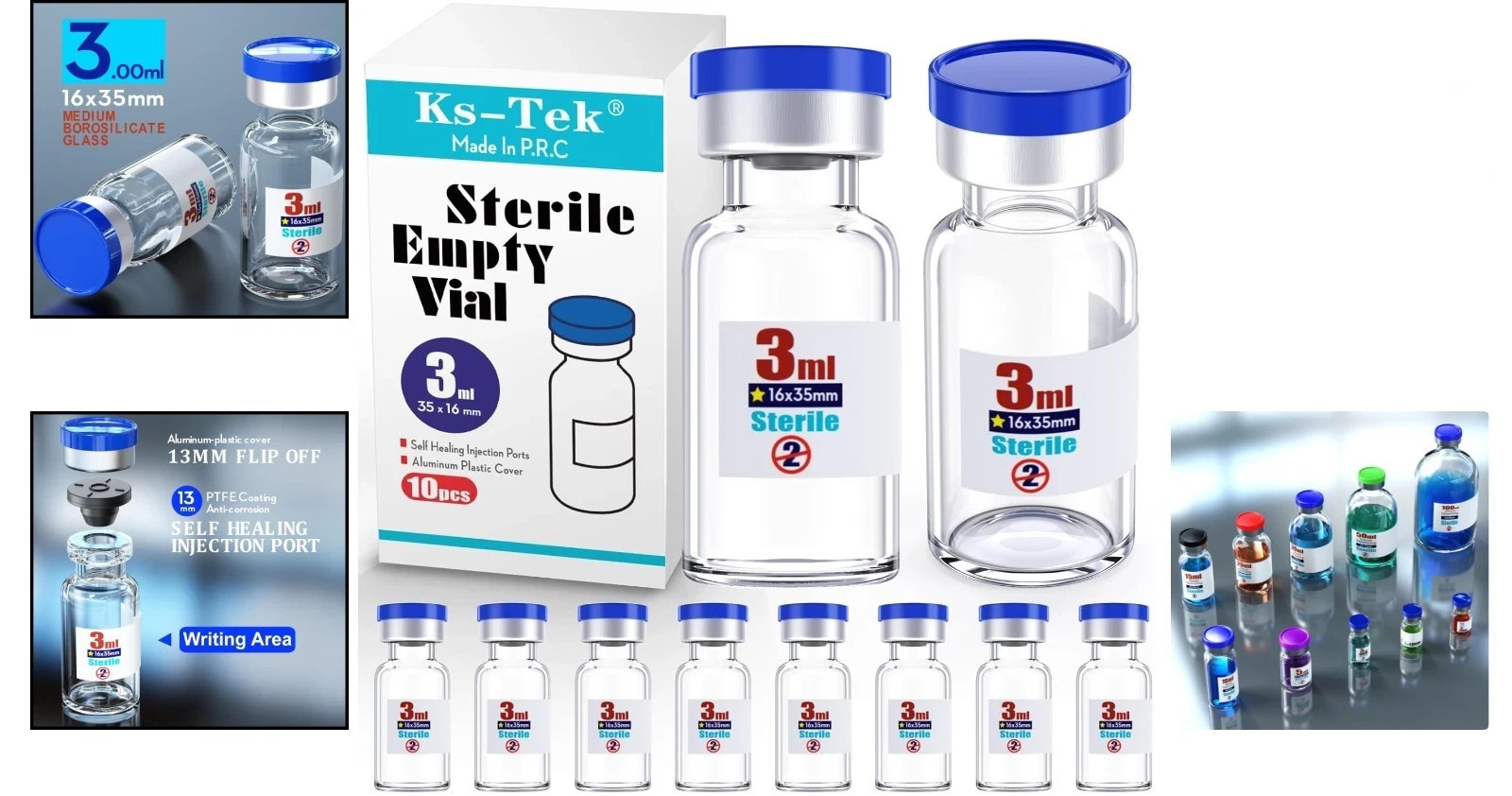 10 Pcs Sterile Glass Vials 3ml with Injection Port Flip Cap Medical Vial Package
