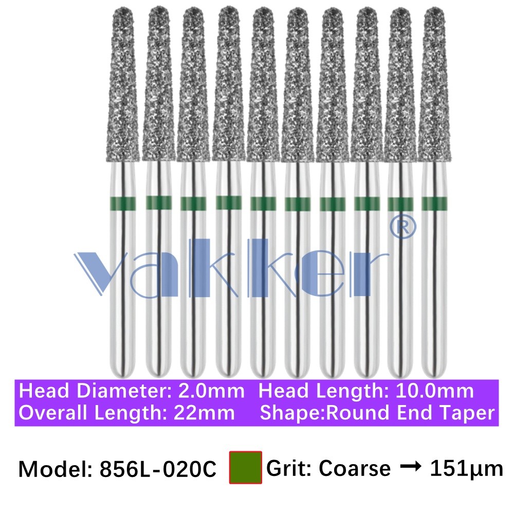Vakker 10pc Dental 856L-020C FG Diamond Burs Coarse Grit Round End Taper Bur