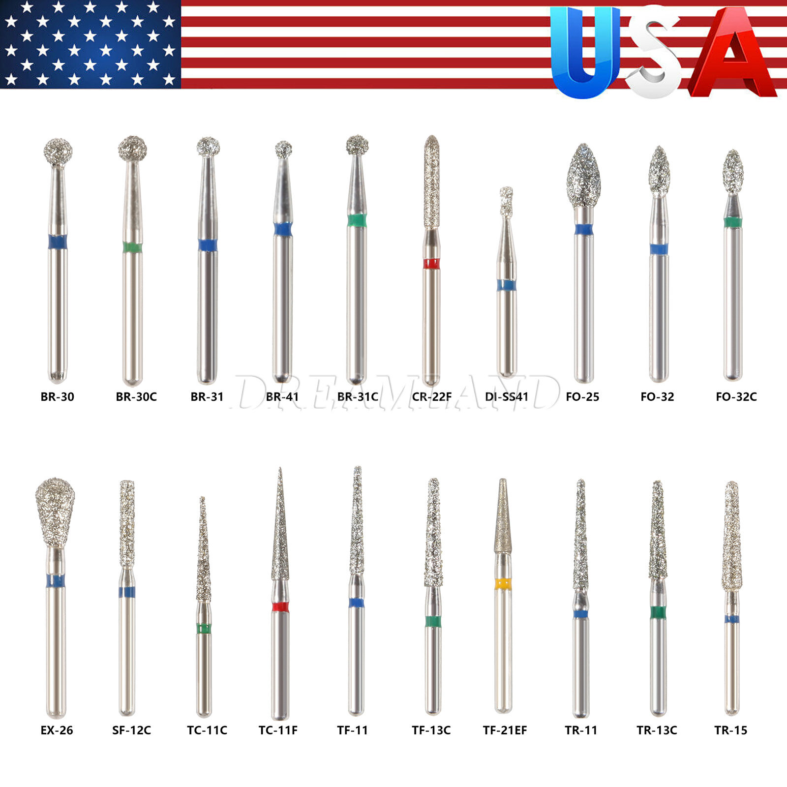 100pcs Dental Diamond Burs FG 1.6mm 20 Types for High Speed Handpiece