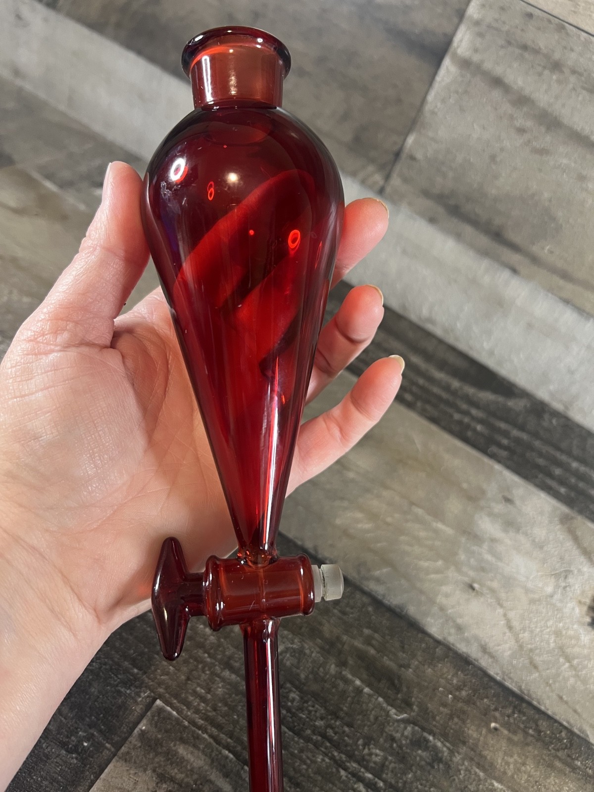 Vintage PYREX Ruby Red Squibb Seperatory Funnel-125ml-Rare Colored Lab Glass