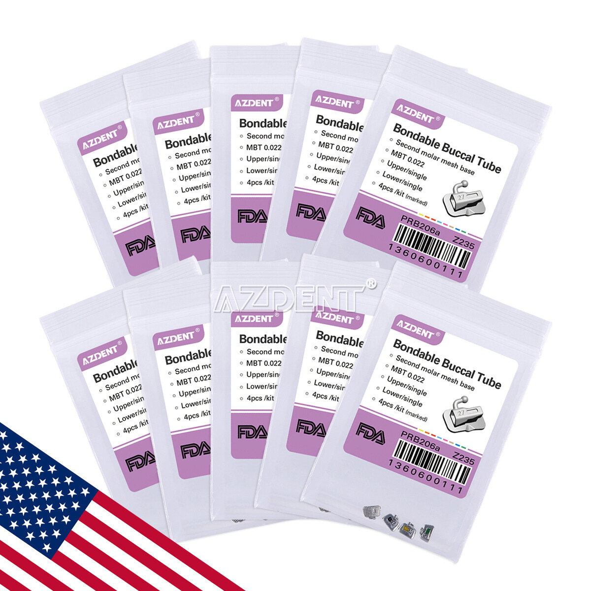 AZDENT Dental Ortho Buccal Tube 1st/2nd Molar Bondable Non-Conv Roth/MBT.022 FDA