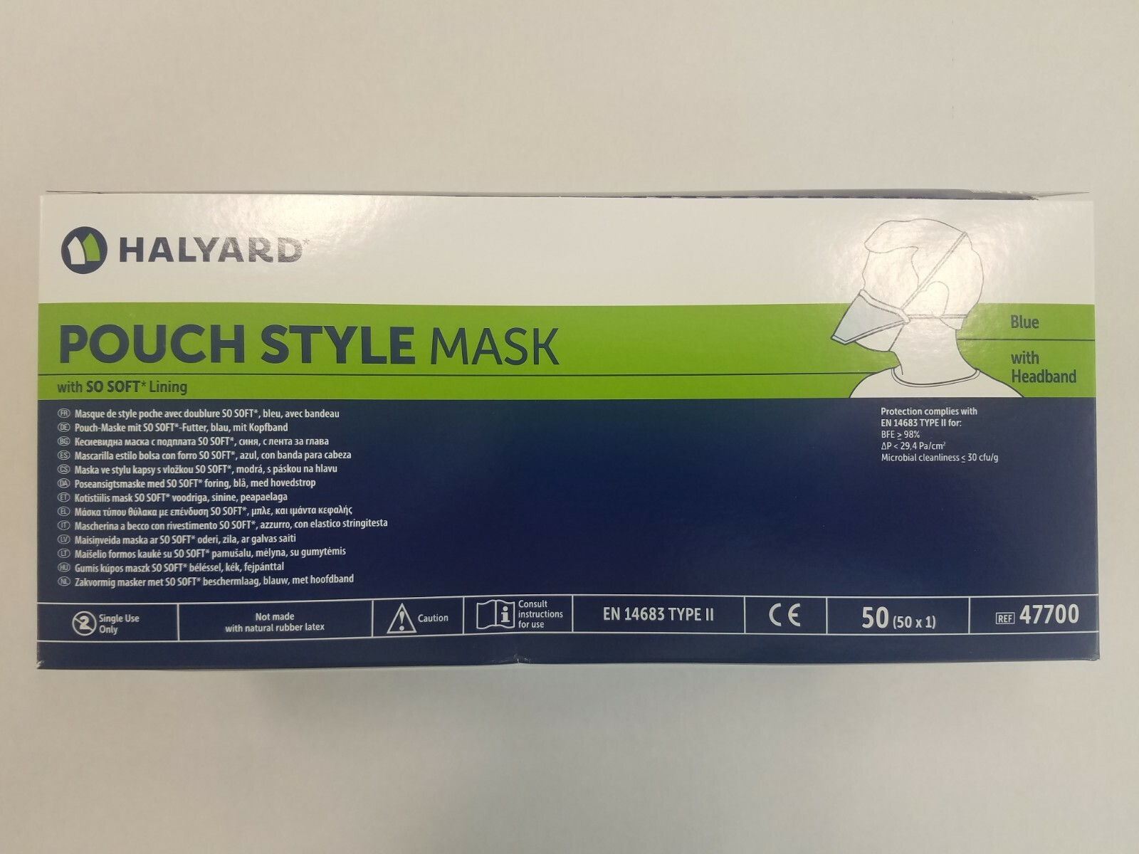 *50-Pieces* Halyard Pouch Style Type II Face Mask With So Soft Lining Blue 47700