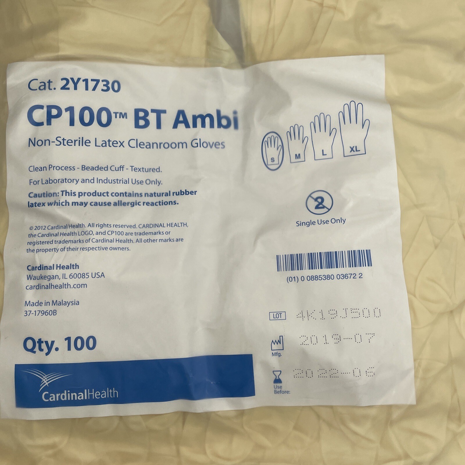 Cardinal Health CP100 Size S, Non-Sterile Latex Cleanroom Gloves 2Y1730 Qty 100