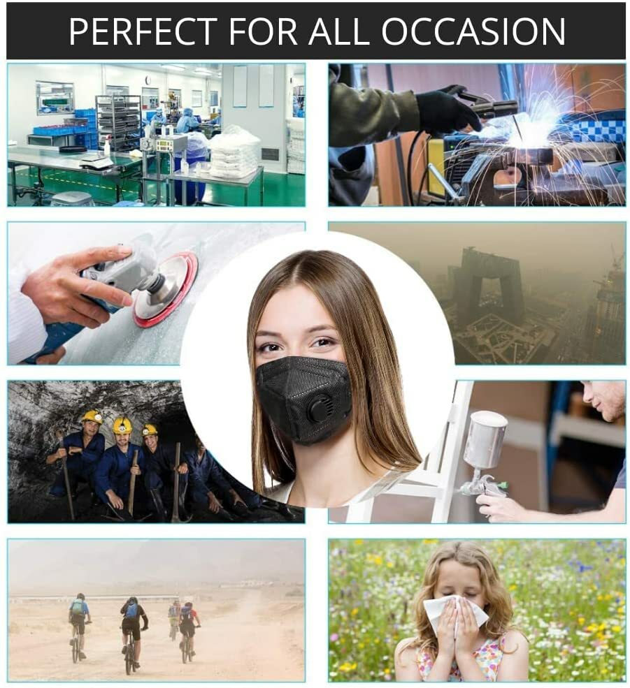 50/100Pcs Black KN95 Face Mask 5 Layer BFE 95% Disposable Respirator with Valve