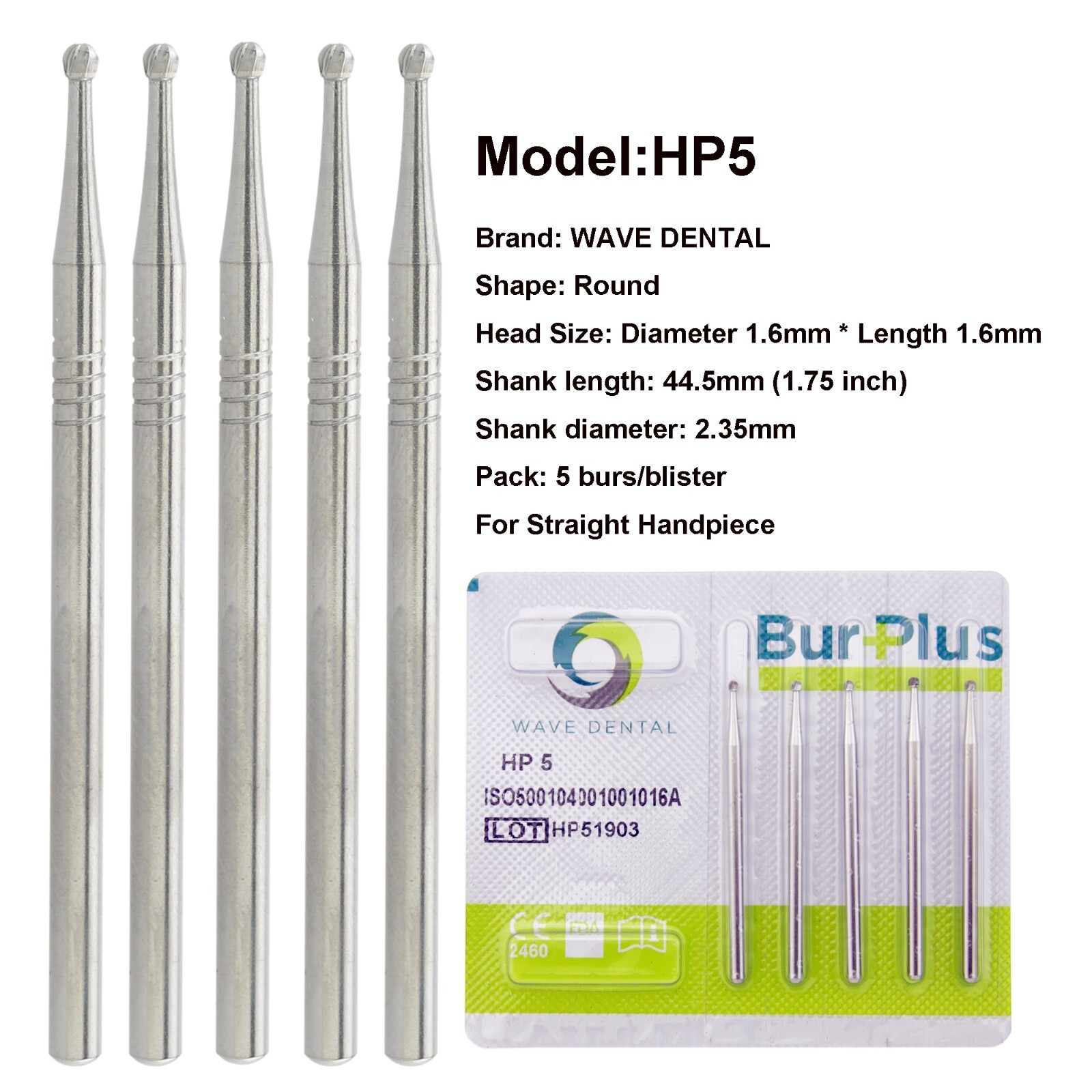 Wave Dental Round Tungsten Carbide Burs HP 44.5mm Shank for Straight Handpiece