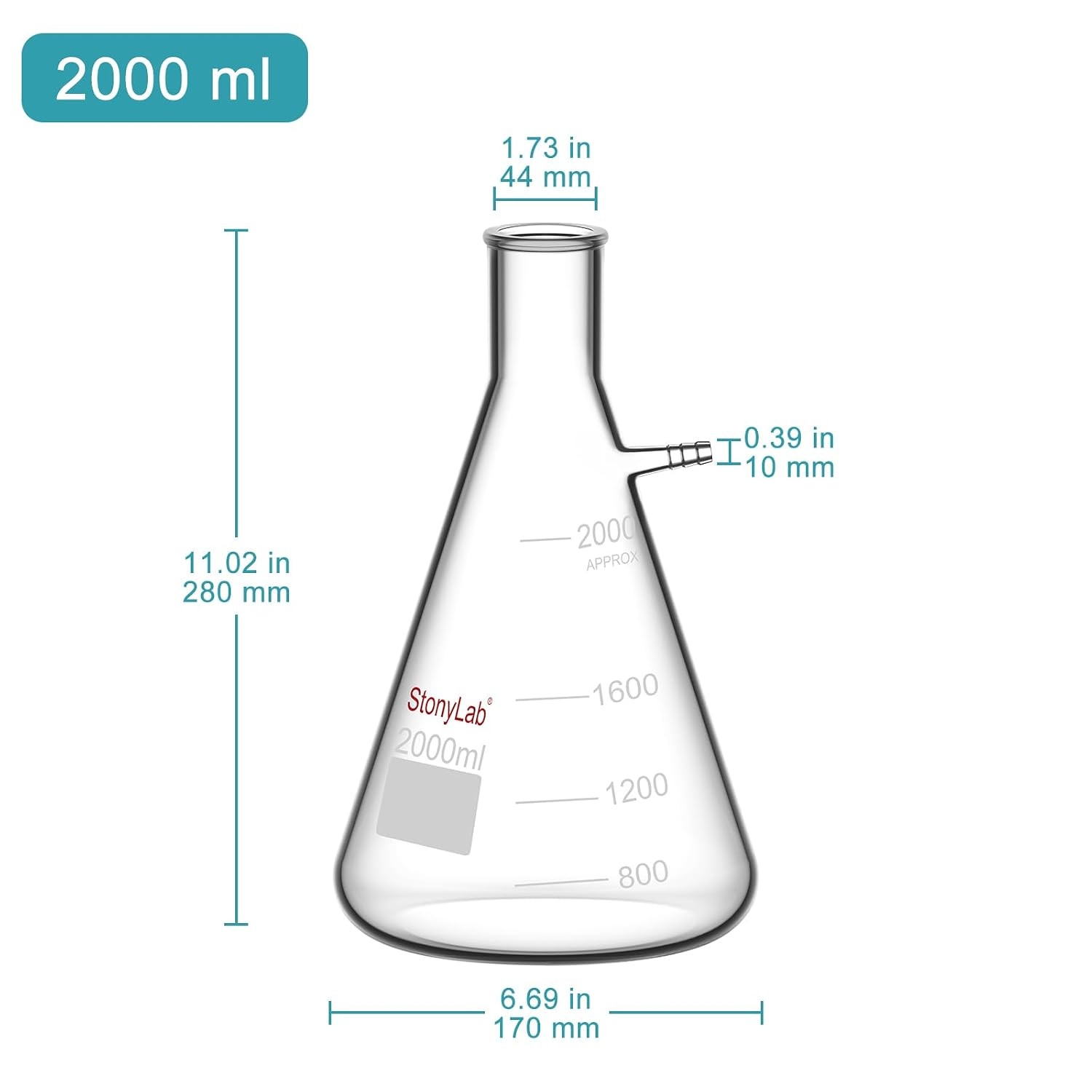2000ml Borosilicate Glass Filtering Flask, Bolt Neck with Tubulation, 2L (2 Lite