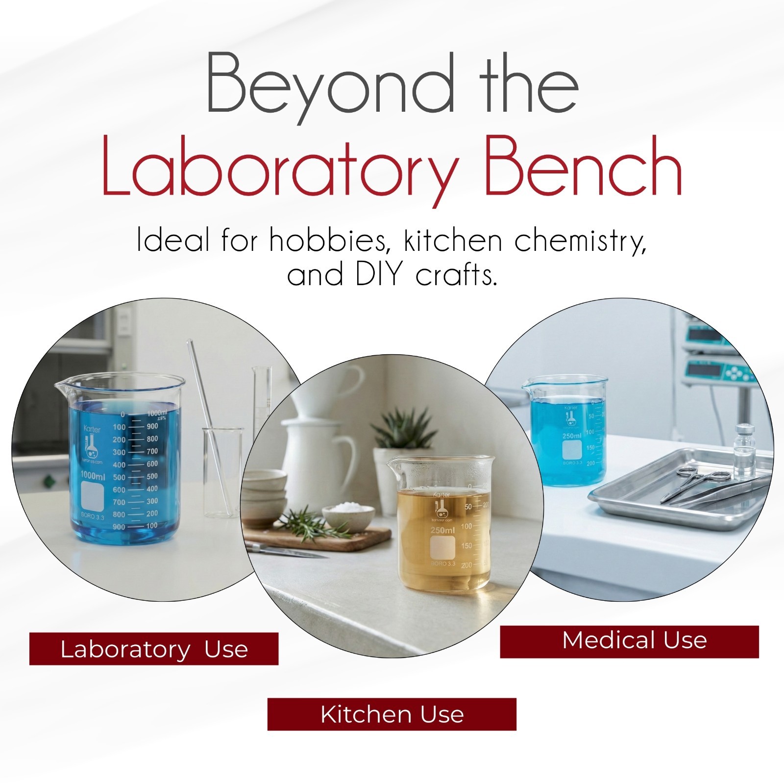 Karter Scientific Low Form Glass Beaker 5 Piece Set 50, 100, 250, 500, & 1000
