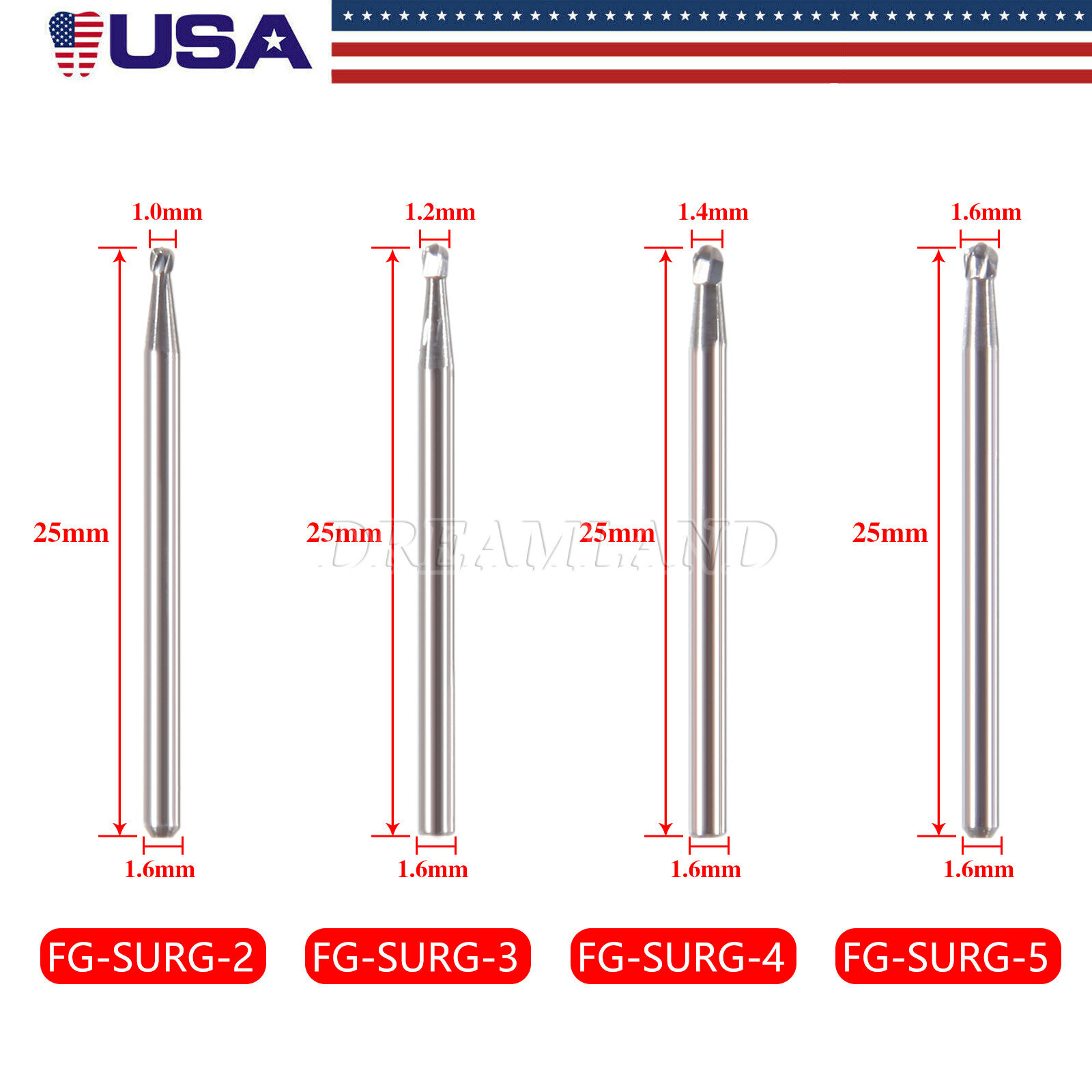 5Pcs/Pack Dental Surgical Round Burs FG 2 3 4 5 Carbide Length Bits Long Shank