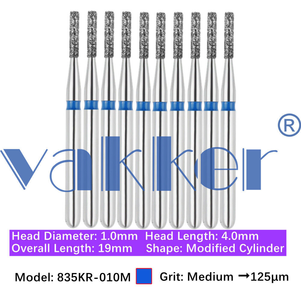Vakker 10pc Dental Diamond Burs Shape Flat & Round End Modified Cylinder Bur