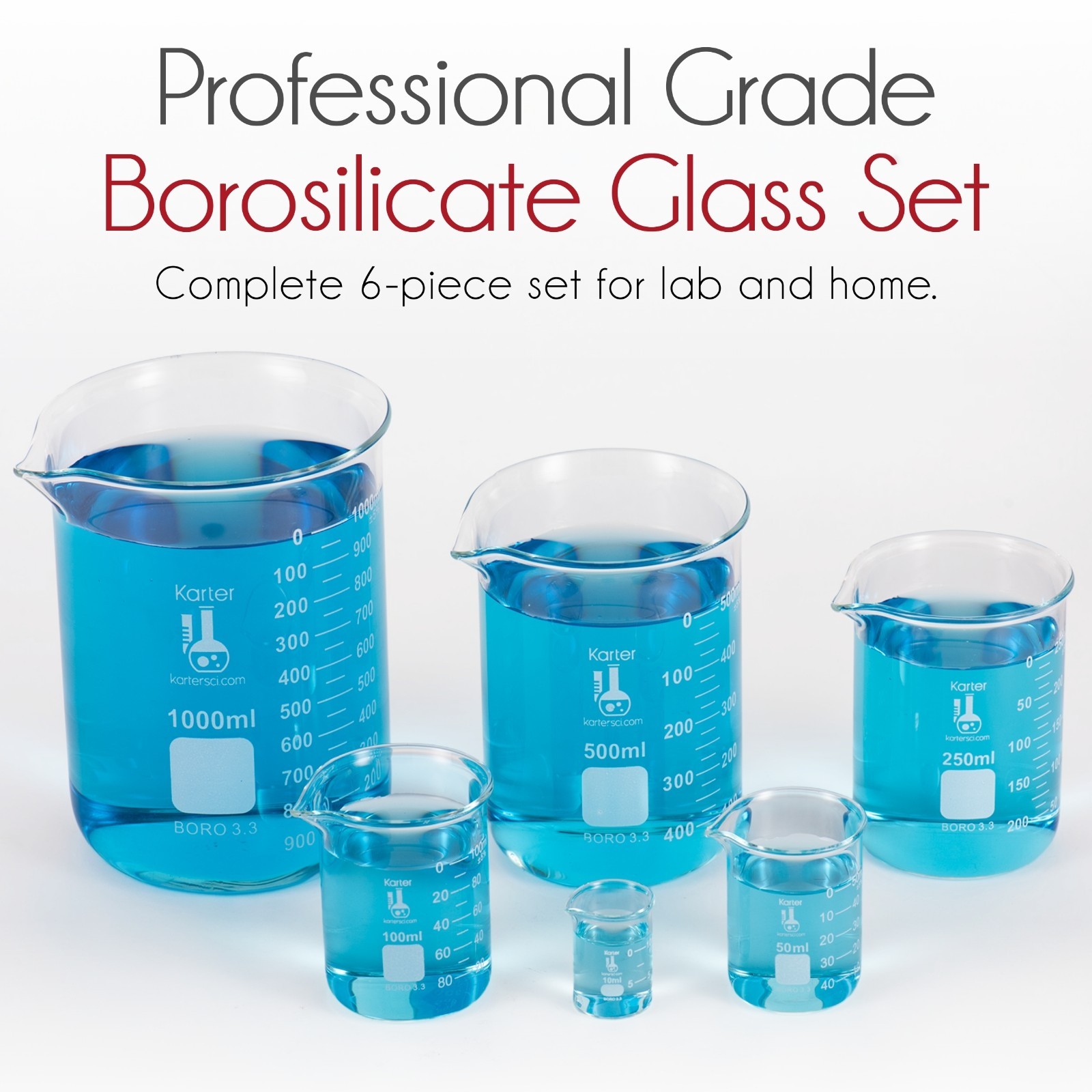 Karter Scientific Low Form Glass Beaker 5 Piece Set 50, 100, 250, 500, & 1000