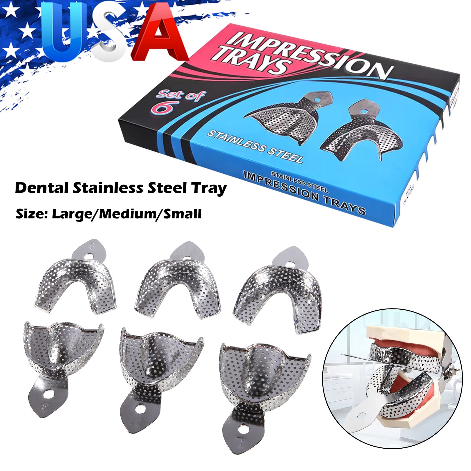 Metal Dental Impression Trays set Perforated Upper & Lower Denture Edentulous