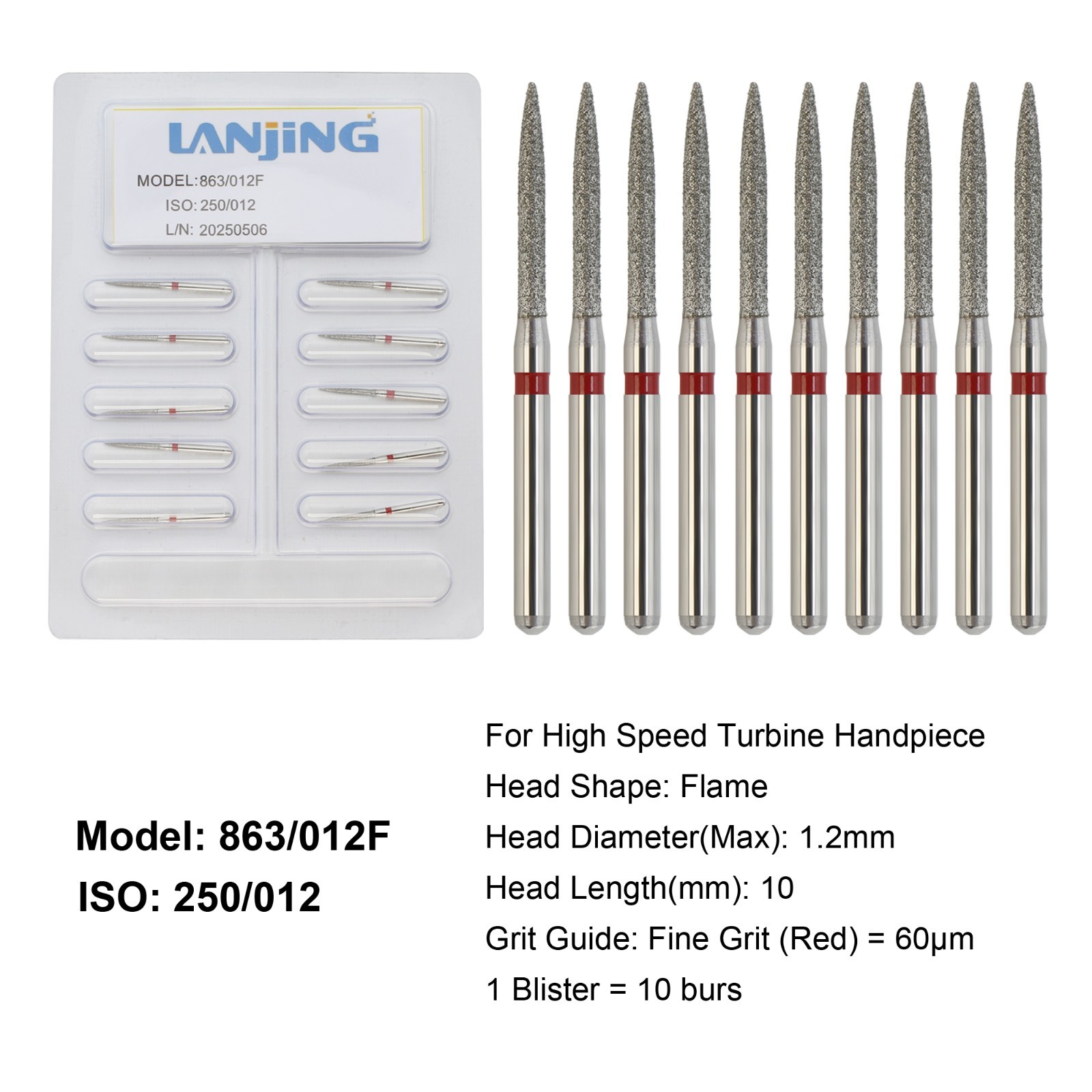 Dental Diamond Burs FG Flame Diamond Bur Fine Grit Red 863/012F High Speed
