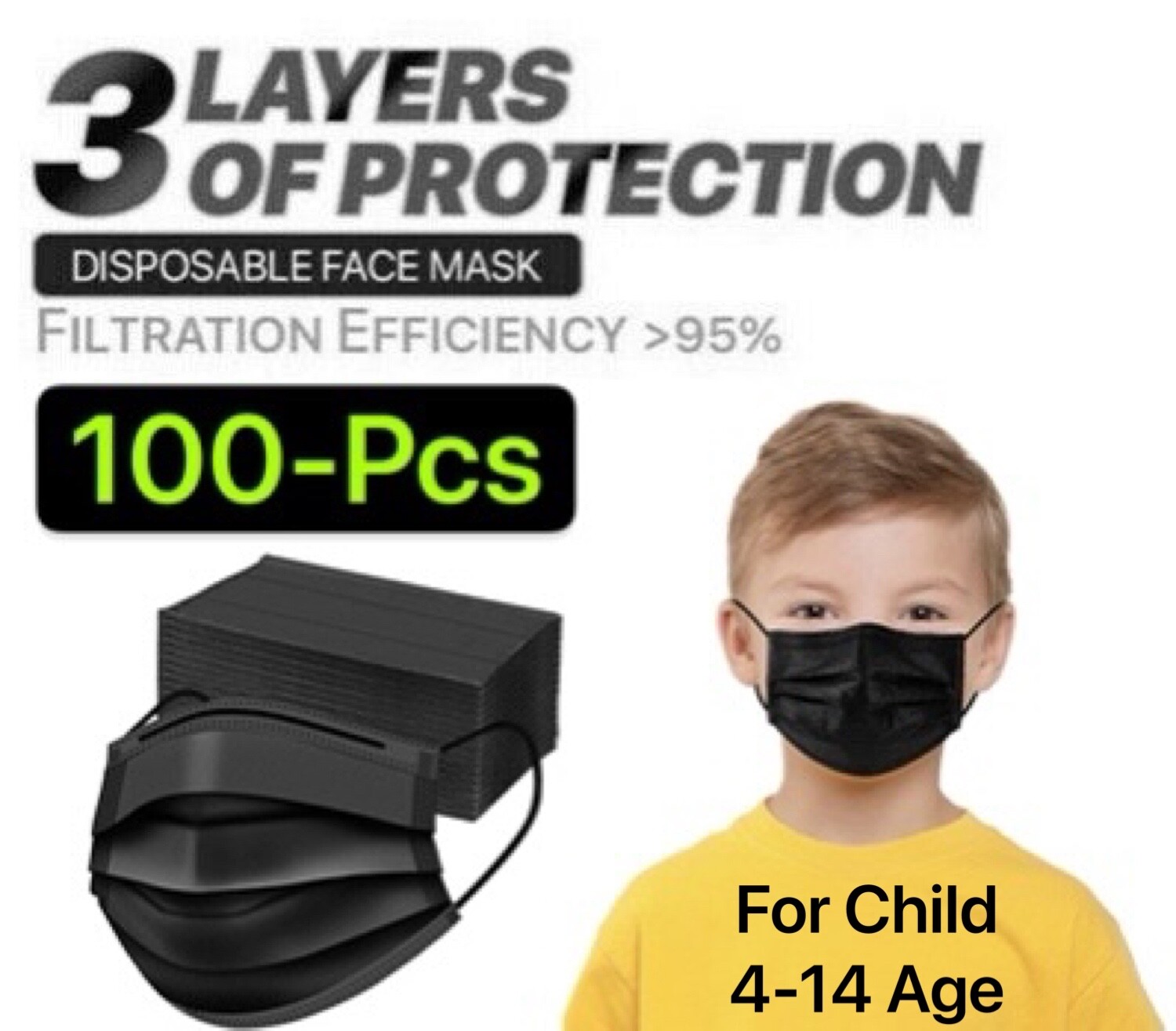 100/50 Pcs Kids Unisex Black Face Mask Mouth & Nose Protector Respirator Masks