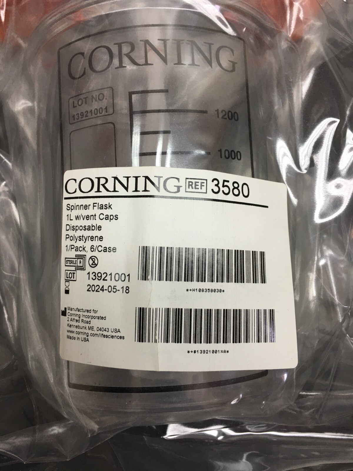 Corning REF 3580 1L Disposable Spinner Flask, Vent Cap, Sterile Lot. 5 PCS