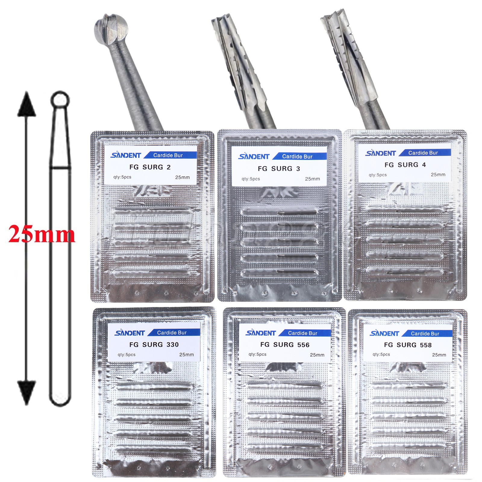 Dental Surgical Round Burs 2 4 6 8 FG SURG Long 25mm Carbide Bur High Speed