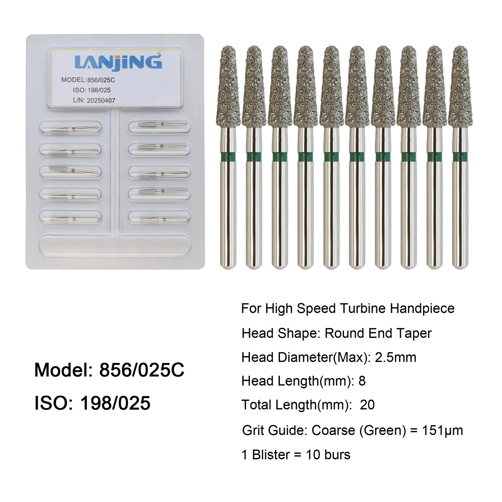 Dental Diamond Burs FG Round End Taper Football Fine Coarse 856 850 High Speed