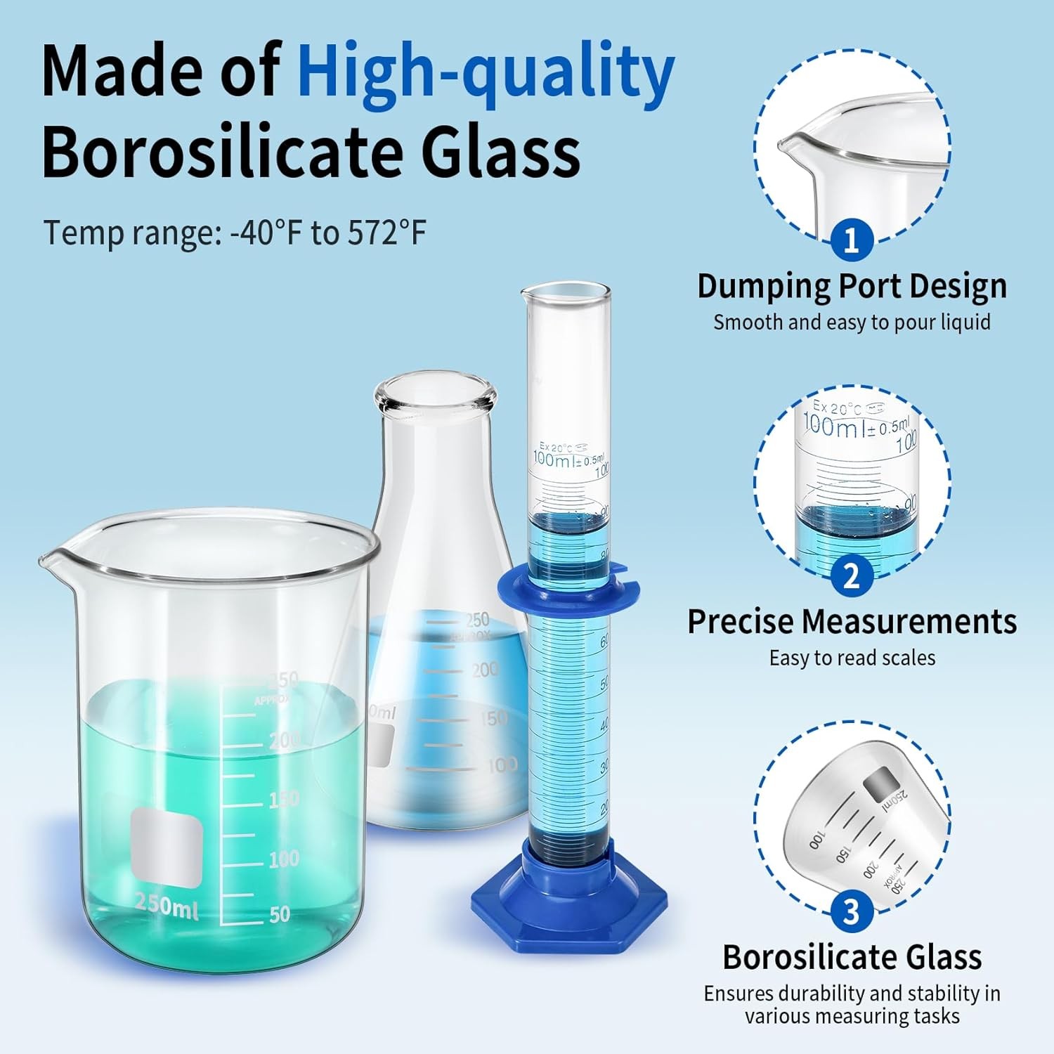 Lab Glassware Set, 9 Pieces – 3 Measuring Beakers, 3 Flasks, 3 Graduated Cylinde