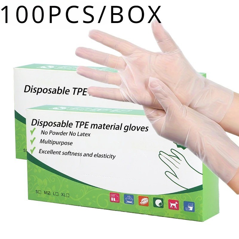 100 PCS Disposable TPE Gloves Powder Free Latex Free Food Safe Cleaning Kitchen