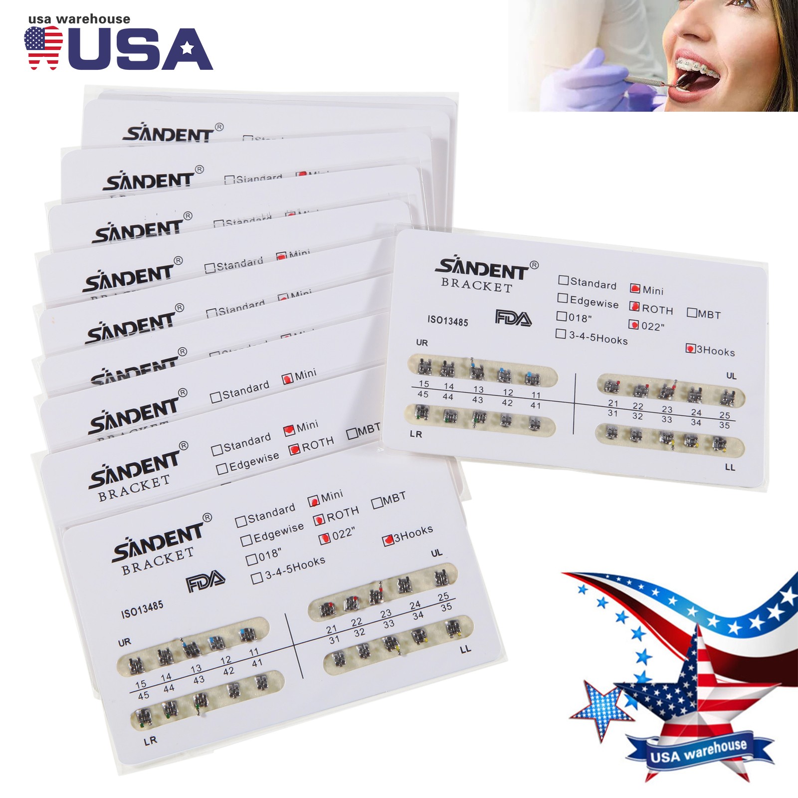 10Packs Soportes de ortodoncia dental Braces Mini Roth Slot.022 3 ganchos