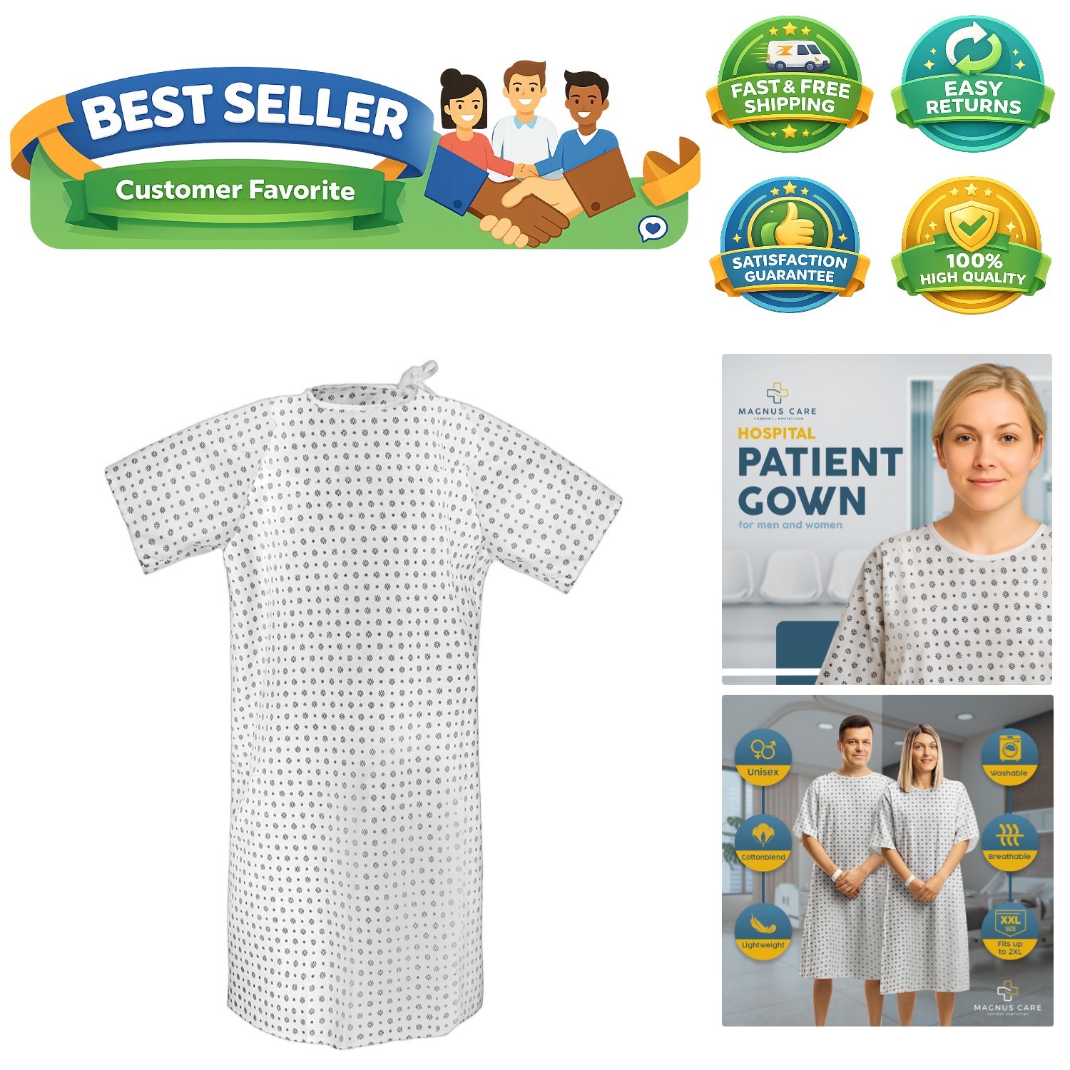 Hospital Gown for Woman & Men, Cotton Blend Fashionable Unisex Patient Gowns,…