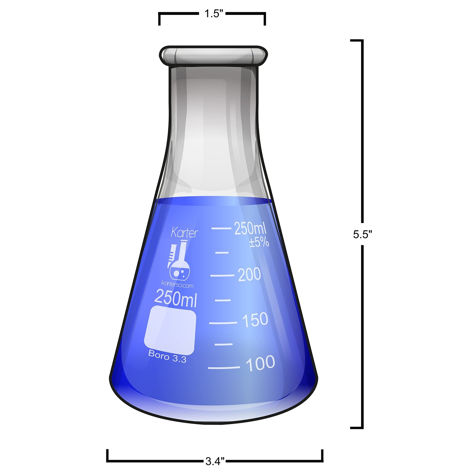 250ml Narrow Mouth Erlenmeyer Flask, 3.3 Borosilicate Glass, 213G28 (Single)