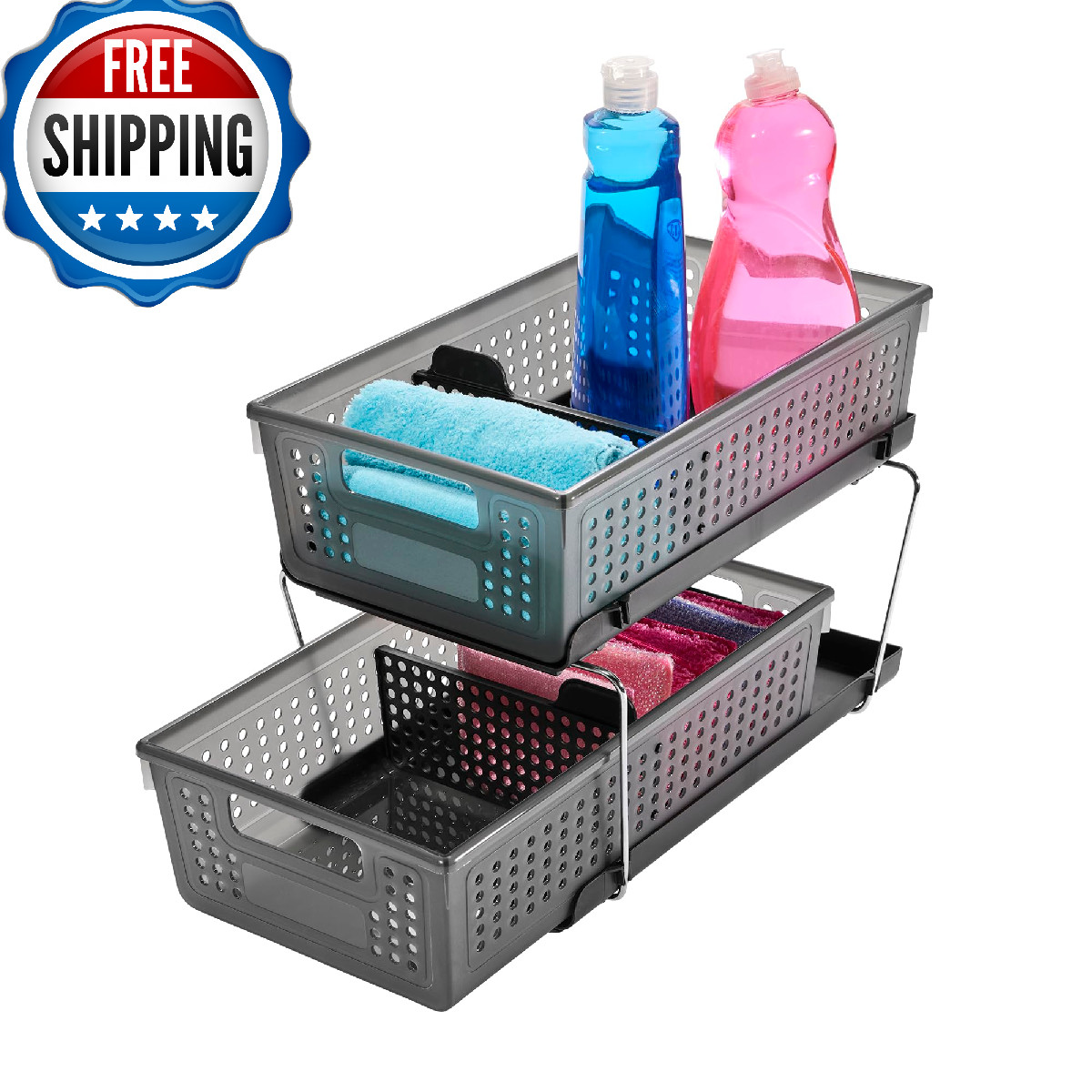 madesmart Two-Tier Under Cabinet Organizer, Sliding Drawer Storage for Cleaning
