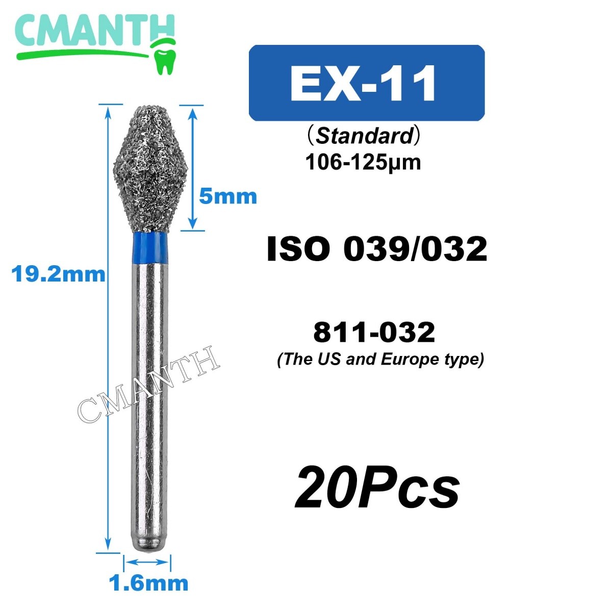 US EX Type Dental Diamond Burs FG High Speed Polishing Burs Dentist Tools 20Pcs