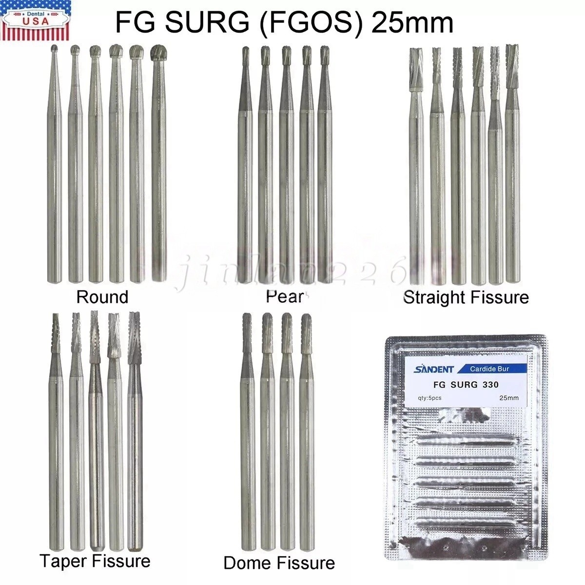 Dental Carbide Burs High Speed FG Taper Fissure 5pcs/pk