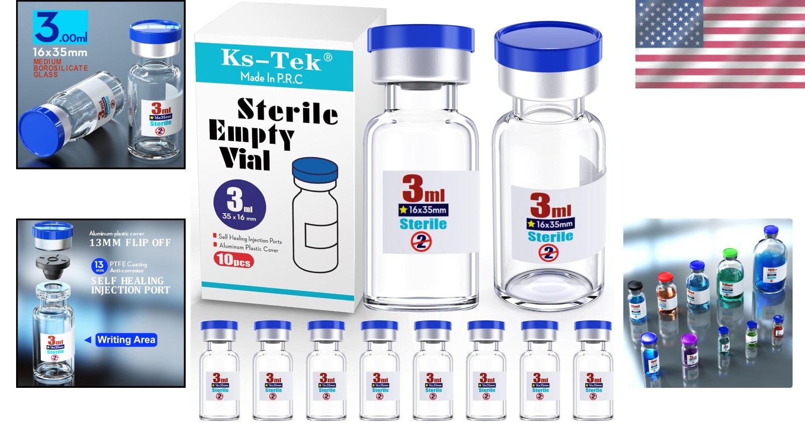 Sterile 3ml Glass Vials with Aluminum Cap Self Healing Injection Port 10pcs