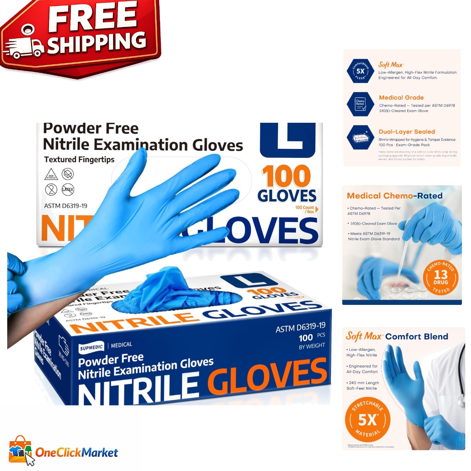 Ambidextrous Soft Max Nitrile Exam Gloves, Blue – 100 Count for Allergen Safety