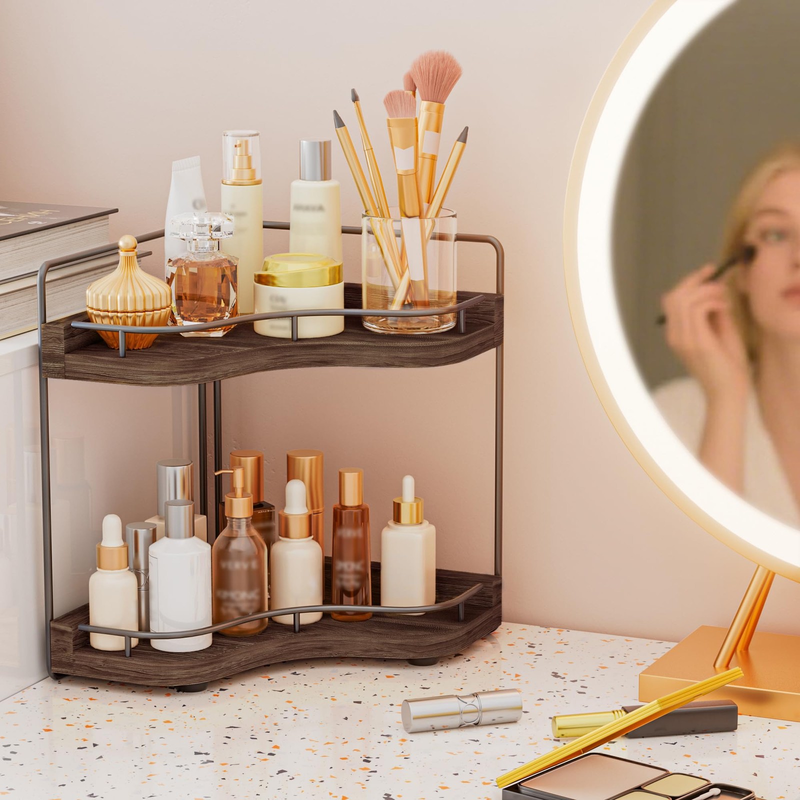 2-Tier Corner Bathroom Counter Organizer with Embedded Screw Holes, Secure & Sta