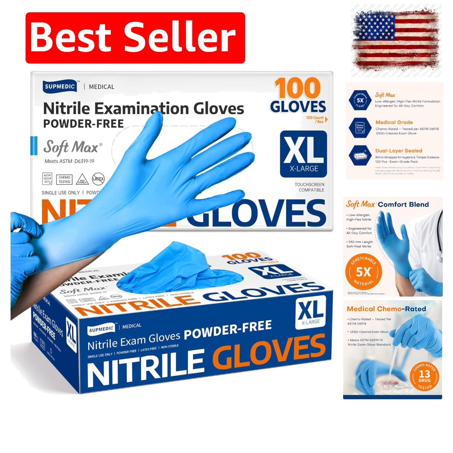 Medical Soft Max Nitrile Exam Gloves, 100 Count Latex-Free Powder-Free Non-St…